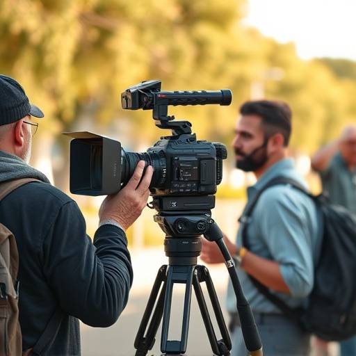 A professional camera crew filming a scene on location outdoors.